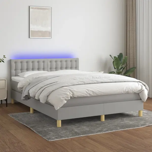 Gossi pat cu arcuri, saltea si led, gri deschis, 140x190 cm, textil