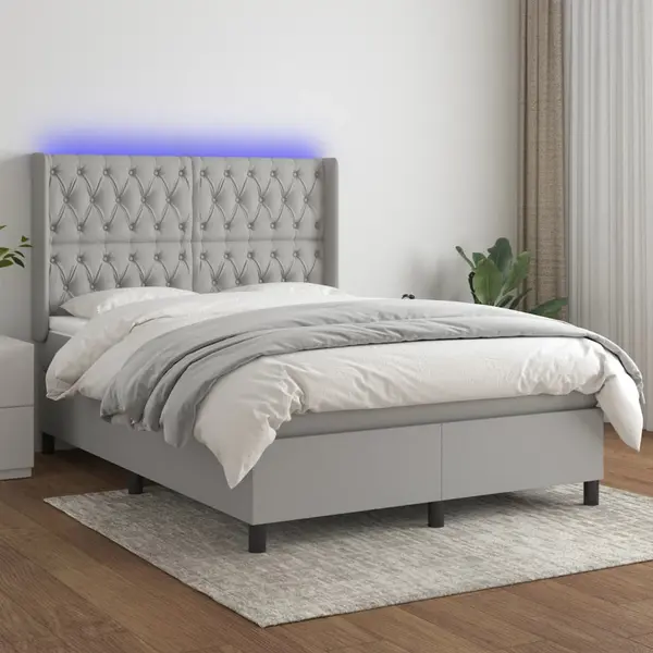 Gossi pat cu arcuri, saltea si led, gri deschis, 140x190 cm, textil