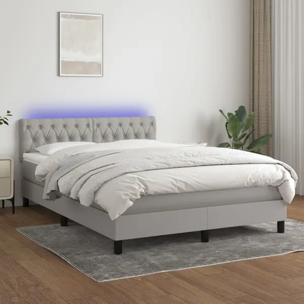 Gossi pat cu arcuri, saltea si led, gri deschis, 140x190 cm, textil