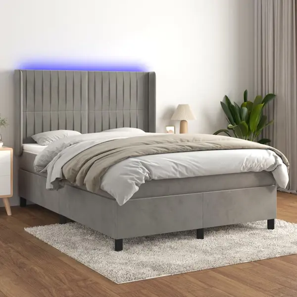 Gossi pat cu arcuri, saltea si led, gri deschis, 140x200 cm, catifea