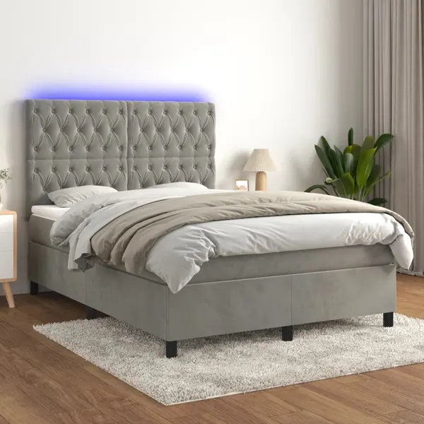 Gossi pat cu arcuri, saltea si led, gri deschis, 140x200 cm, catifea