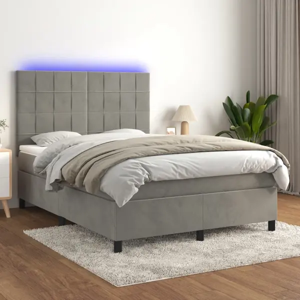 Gossi pat cu arcuri, saltea si led, gri deschis, 140x200 cm, catifea