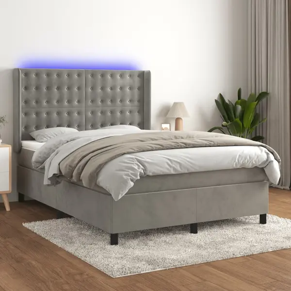 Gossi pat cu arcuri, saltea si led, gri deschis, 140x200 cm, catifea