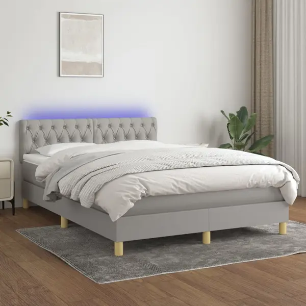 Gossi pat cu arcuri, saltea si led, gri deschis, 140x200 cm, textil