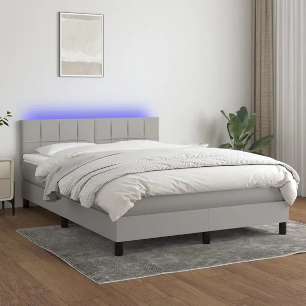 Gossi pat cu arcuri, saltea si led, gri deschis, 140x200 cm, textil