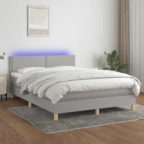 Gossi pat cu arcuri, saltea si led, gri deschis, 140x200 cm, textil