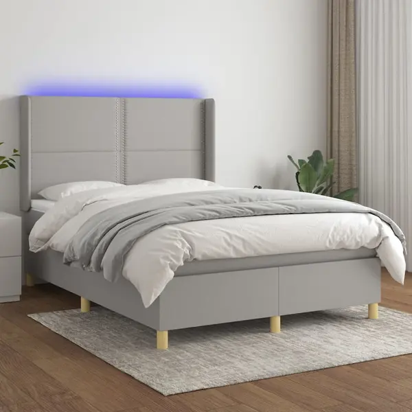 Gossi pat cu arcuri, saltea si led, gri deschis, 140x200 cm, textil