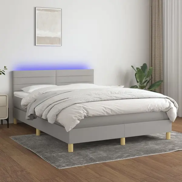 Gossi pat cu arcuri, saltea si led, gri deschis, 140x200 cm, textil