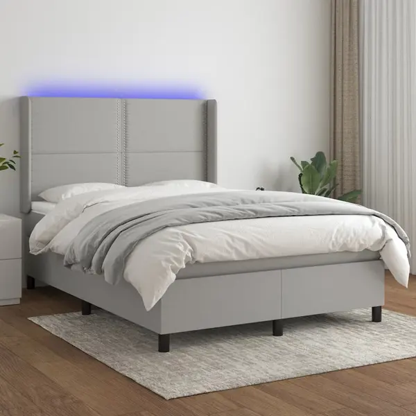 Gossi pat cu arcuri, saltea si led, gri deschis, 140x200 cm, textil