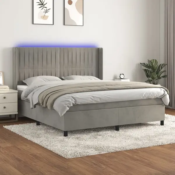 Gossi pat cu arcuri, saltea si led, gri deschis, 160x200 cm, catifea
