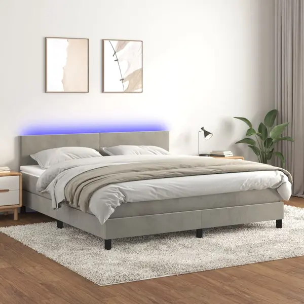Gossi pat cu arcuri, saltea si led, gri deschis, 160x200 cm, catifea
