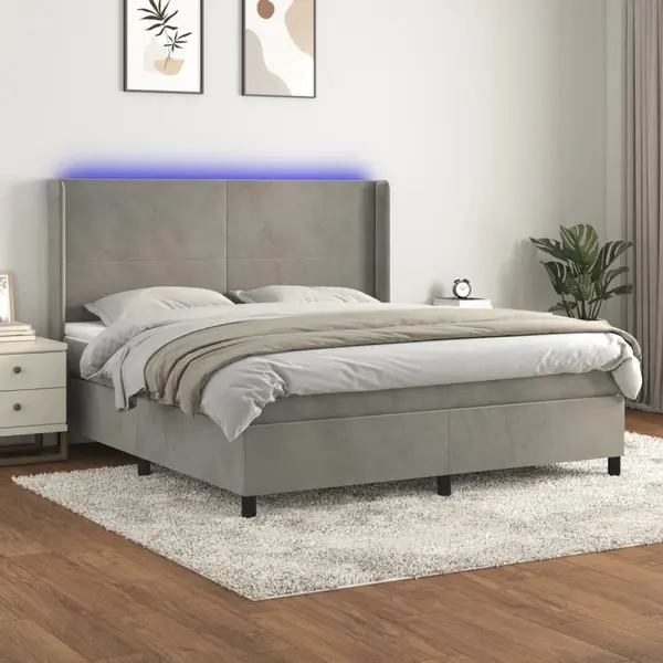 Gossi pat cu arcuri, saltea si led, gri deschis, 160x200 cm, catifea