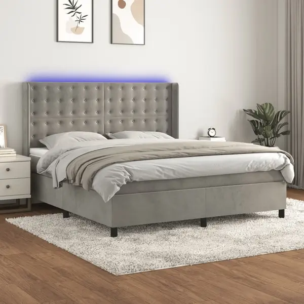 Gossi pat cu arcuri, saltea si led, gri deschis, 160x200 cm, catifea
