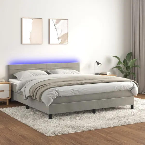 Gossi pat cu arcuri, saltea si led, gri deschis, 160x200 cm, catifea