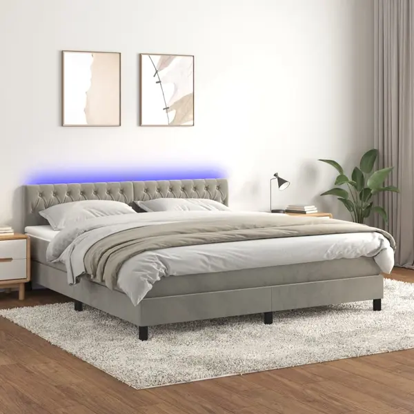 Gossi pat cu arcuri, saltea si led, gri deschis, 160x200 cm, catifea