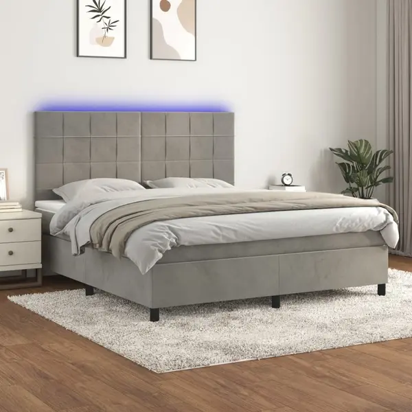 Gossi pat cu arcuri, saltea si led, gri deschis, 160x200 cm, catifea