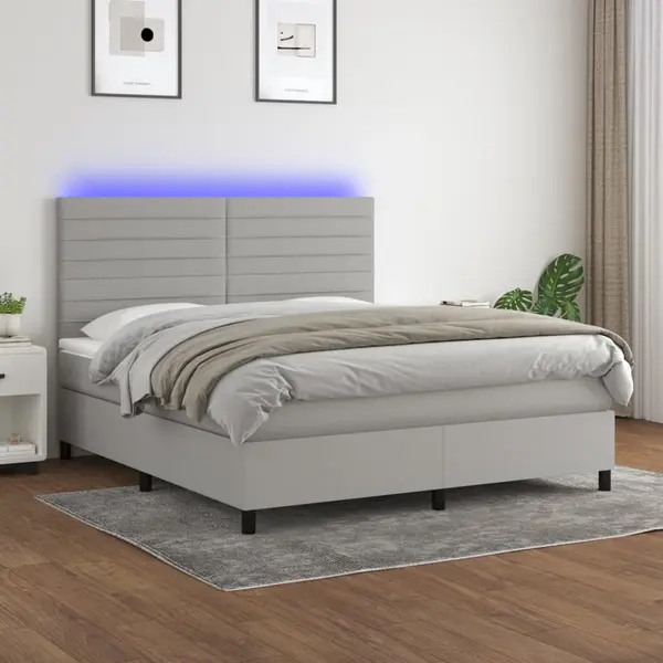 Gossi pat cu arcuri, saltea si led, gri deschis, 160x200 cm, textil