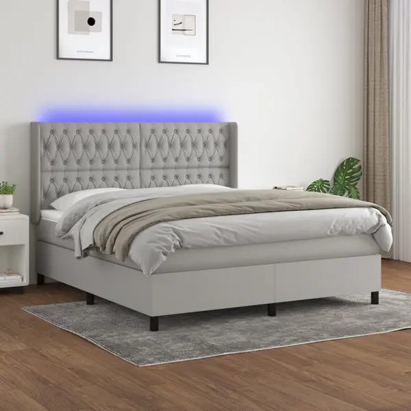 Gossi pat cu arcuri, saltea si led, gri deschis, 160x200 cm, textil
