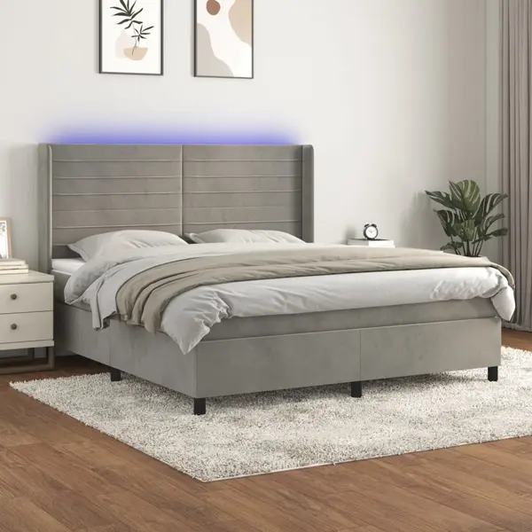 Gossi pat cu arcuri, saltea si led, gri deschis, 180x200 cm, catifea