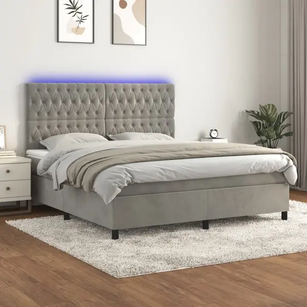 Gossi pat cu arcuri, saltea si led, gri deschis, 180x200 cm, catifea