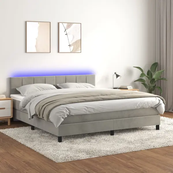 Gossi pat cu arcuri, saltea si led, gri deschis, 180x200 cm, catifea