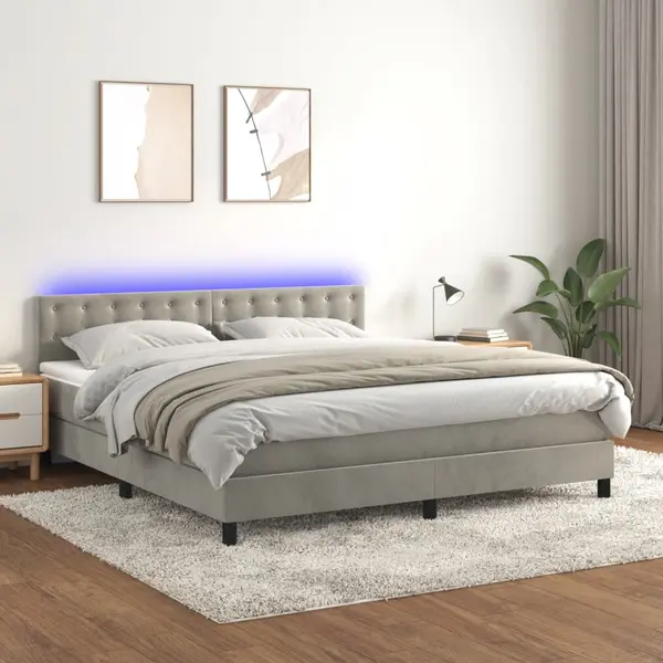 Gossi pat cu arcuri, saltea si led, gri deschis, 180x200 cm, catifea