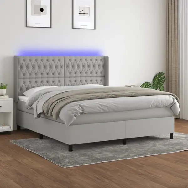 Gossi pat cu arcuri, saltea si led, gri deschis, 180x200 cm, textil