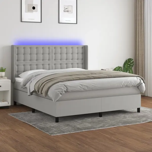 Gossi pat cu arcuri, saltea si led, gri deschis, 180x200 cm, textil