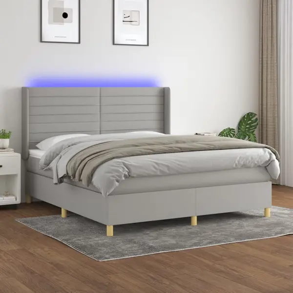 Gossi pat cu arcuri, saltea si led, gri deschis, 180x200 cm, textil