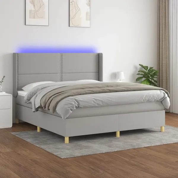 Gossi pat cu arcuri, saltea si led, gri deschis, 180x200 cm, textil