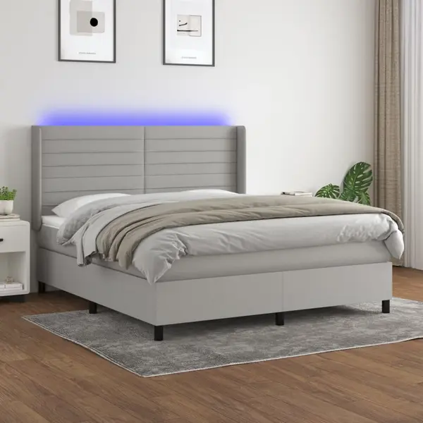 Gossi pat cu arcuri, saltea si led, gri deschis, 180x200 cm, textil