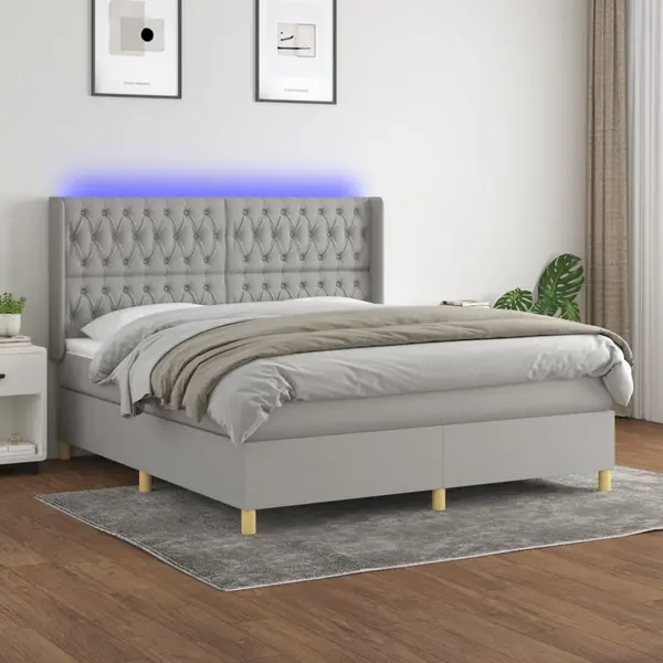 Gossi pat cu arcuri, saltea si led, gri deschis, 180x200 cm, textil