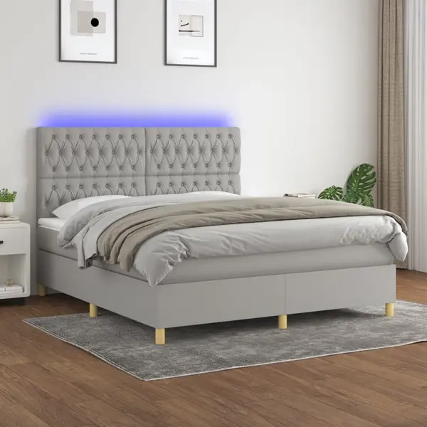 Gossi pat cu arcuri, saltea si led, gri deschis, 180x200 cm, textil