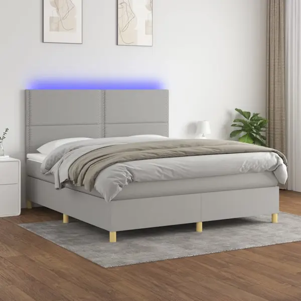 Gossi pat cu arcuri, saltea si led, gri deschis, 180x200 cm, textil
