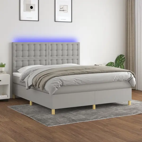 Gossi pat cu arcuri, saltea si led, gri deschis, 180x200 cm, textil