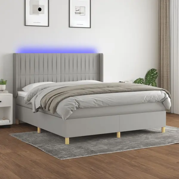 Gossi pat cu arcuri, saltea si led, gri deschis, 180x200 cm, textil