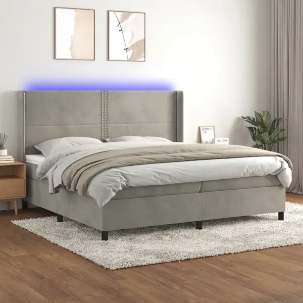 Gossi pat cu arcuri, saltea si led, gri deschis, 200x200 cm, catifea