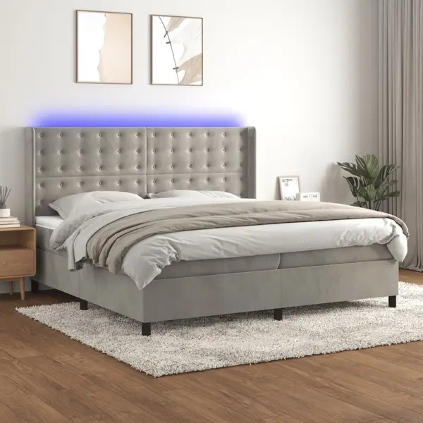 Gossi pat cu arcuri, saltea si led, gri deschis, 200x200 cm, catifea