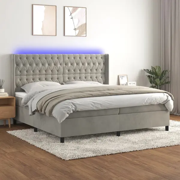 Gossi pat cu arcuri, saltea si led, gri deschis, 200x200 cm, catifea