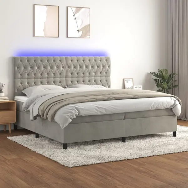 Gossi pat cu arcuri, saltea si led, gri deschis, 200x200 cm, catifea