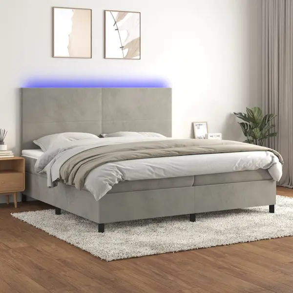 Gossi pat cu arcuri, saltea si led, gri deschis, 200x200 cm, catifea