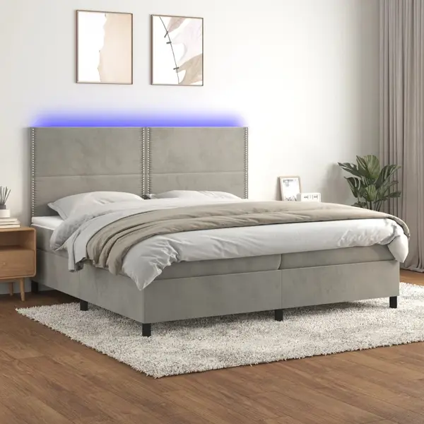 Gossi pat cu arcuri, saltea si led, gri deschis, 200x200 cm, catifea