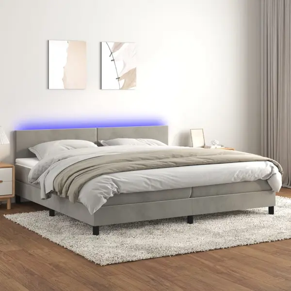 Gossi pat cu arcuri, saltea si led, gri deschis, 200x200 cm, catifea