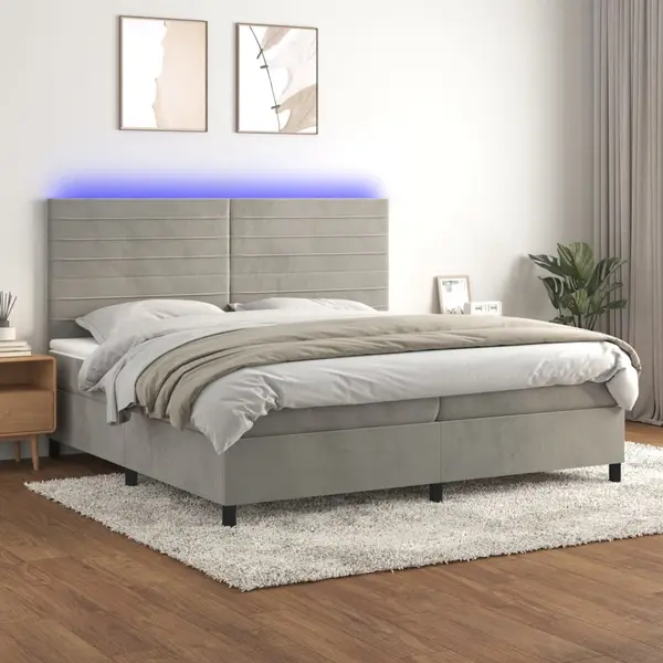 Gossi pat cu arcuri, saltea si led, gri deschis, 200x200 cm, catifea