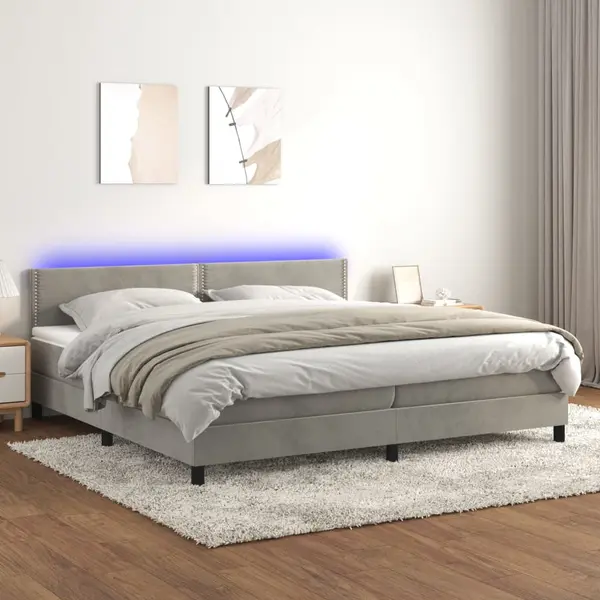 Gossi pat cu arcuri, saltea si led, gri deschis, 200x200 cm, catifea