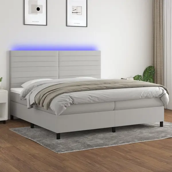 Gossi pat cu arcuri, saltea si led, gri deschis, 200x200 cm, textil
