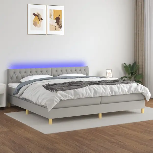 Gossi pat cu arcuri, saltea si led, gri deschis, 200x200 cm, textil