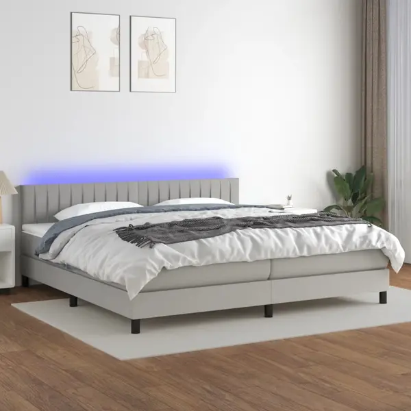 Gossi pat cu arcuri, saltea si led, gri deschis, 200x200 cm, textil