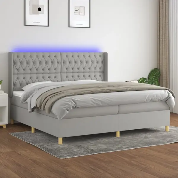 Gossi pat cu arcuri, saltea si led, gri deschis, 200x200 cm, textil