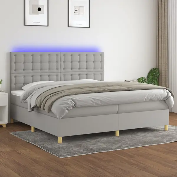 Gossi pat cu arcuri, saltea si led, gri deschis, 200x200 cm, textil